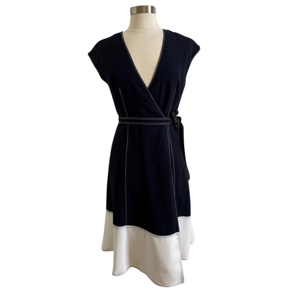 JOIE Mahesa Midi Navy Blue Antique White Wrap Dress - Picture 2 of 5